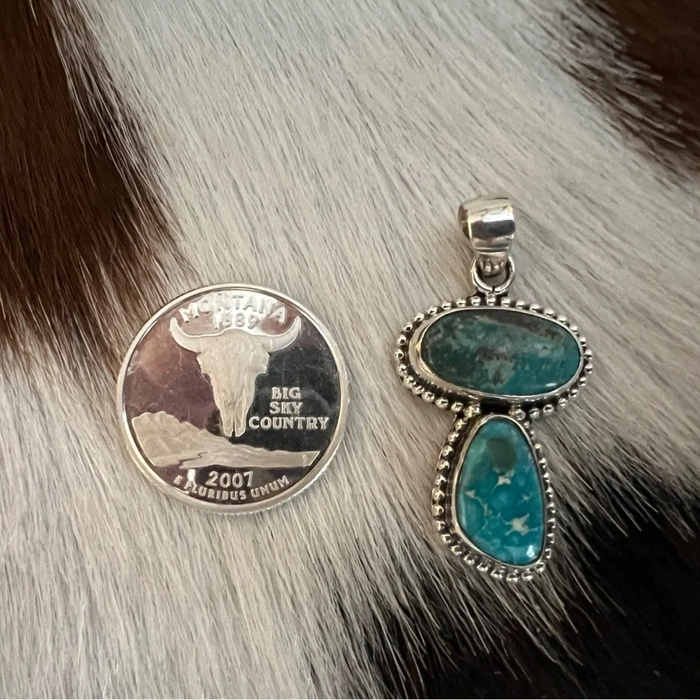 ❤️ White Water Turquoise Sterling Navajo Style 2 Stone Pendant 1.54”L - 5.8 Gram